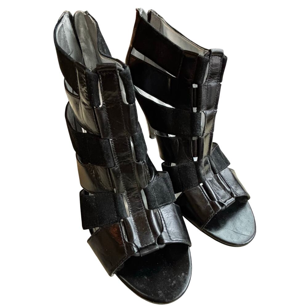 Calvin Klein Camen 9M black high heel strappy shoes open toe leather & suede